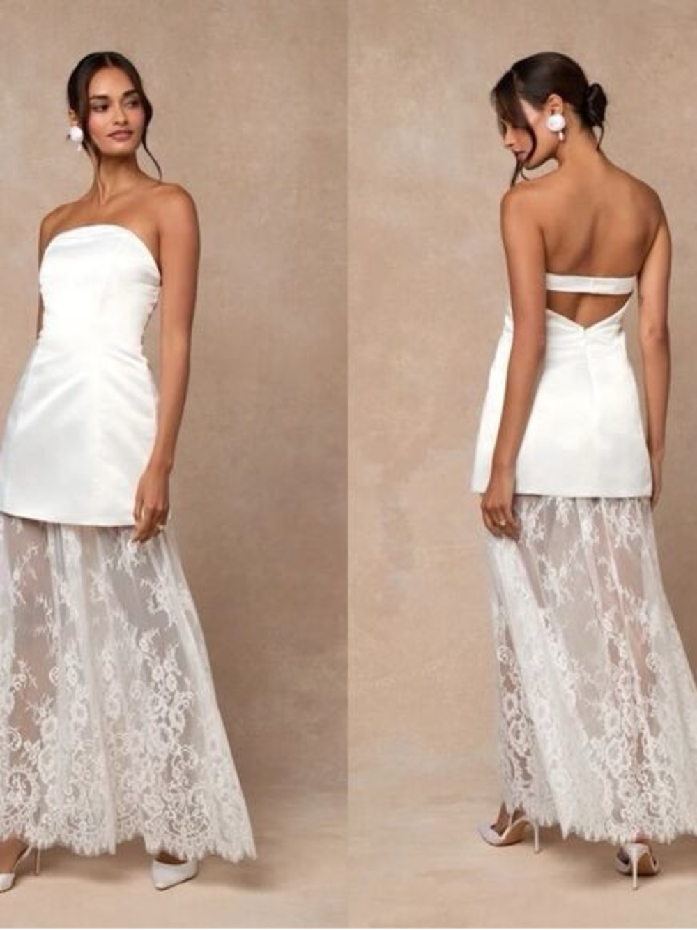 NWT Lulus Elegant White Lace Strapless Dress Satin Share Hem Maxi Lace-Overlay